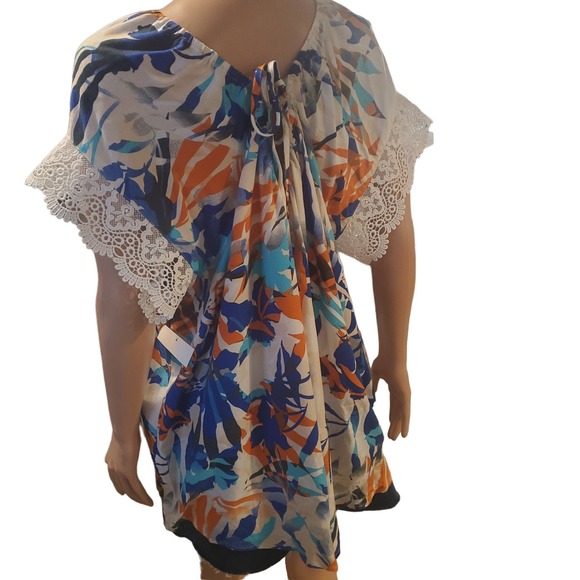 NEW 89th & Madison Lace Sleeve Blue Orange Floral Tie Back Elastic Neck Top - Picture 5 of 10